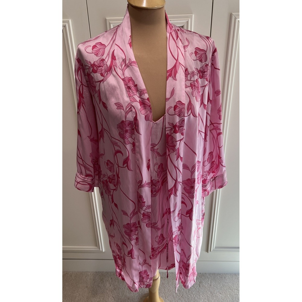 August Silk Intimates 100% Silk Robe & Chemise Slip Set Pink Luxury Romantic